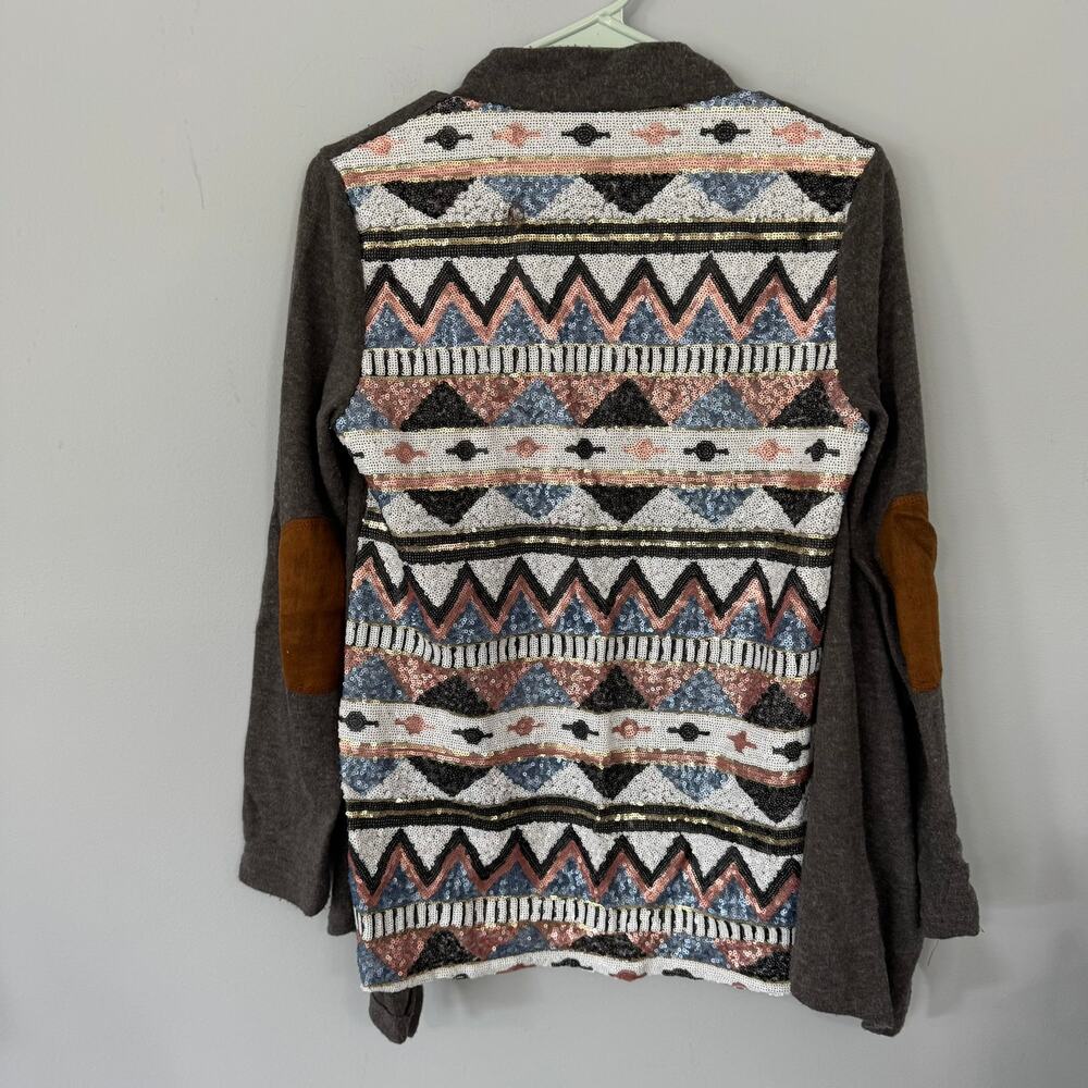 EZ Clothing Sequin Back Open Front Cardigan Sweater w/ Elbow Patches Size Small